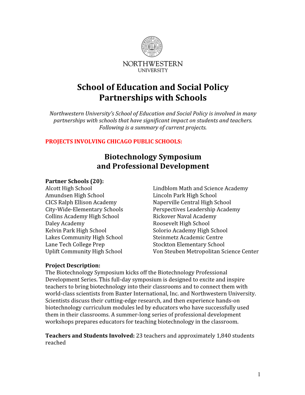 School of Education and Social Policy Partnerships with Schools