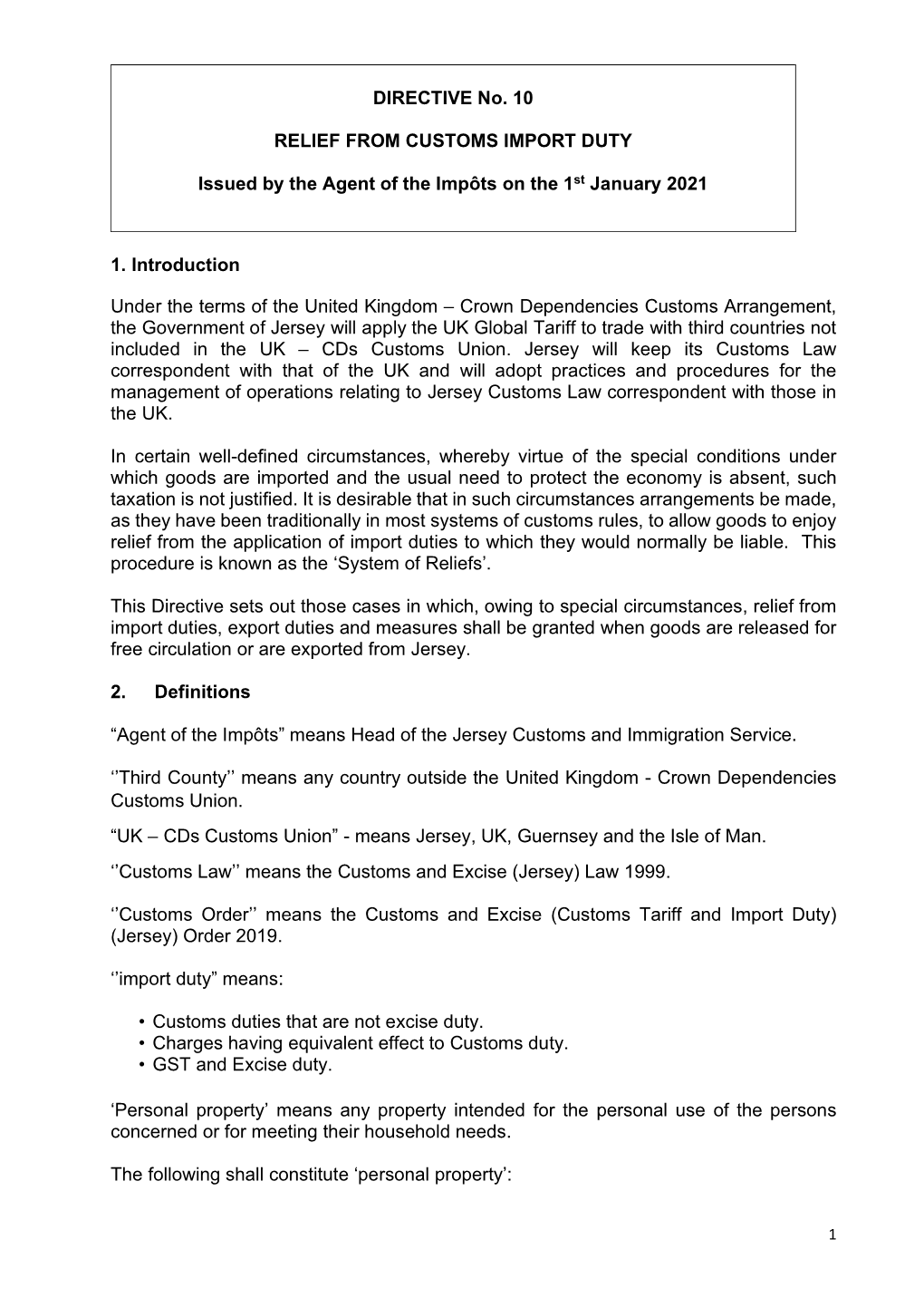 Directive No. 10 Relief from Customs Import Duty