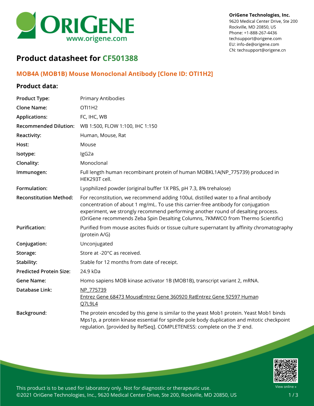 MOB4A (MOB1B) Mouse Monoclonal Antibody [Clone ID: OTI1H2] – CF501388 | Origene