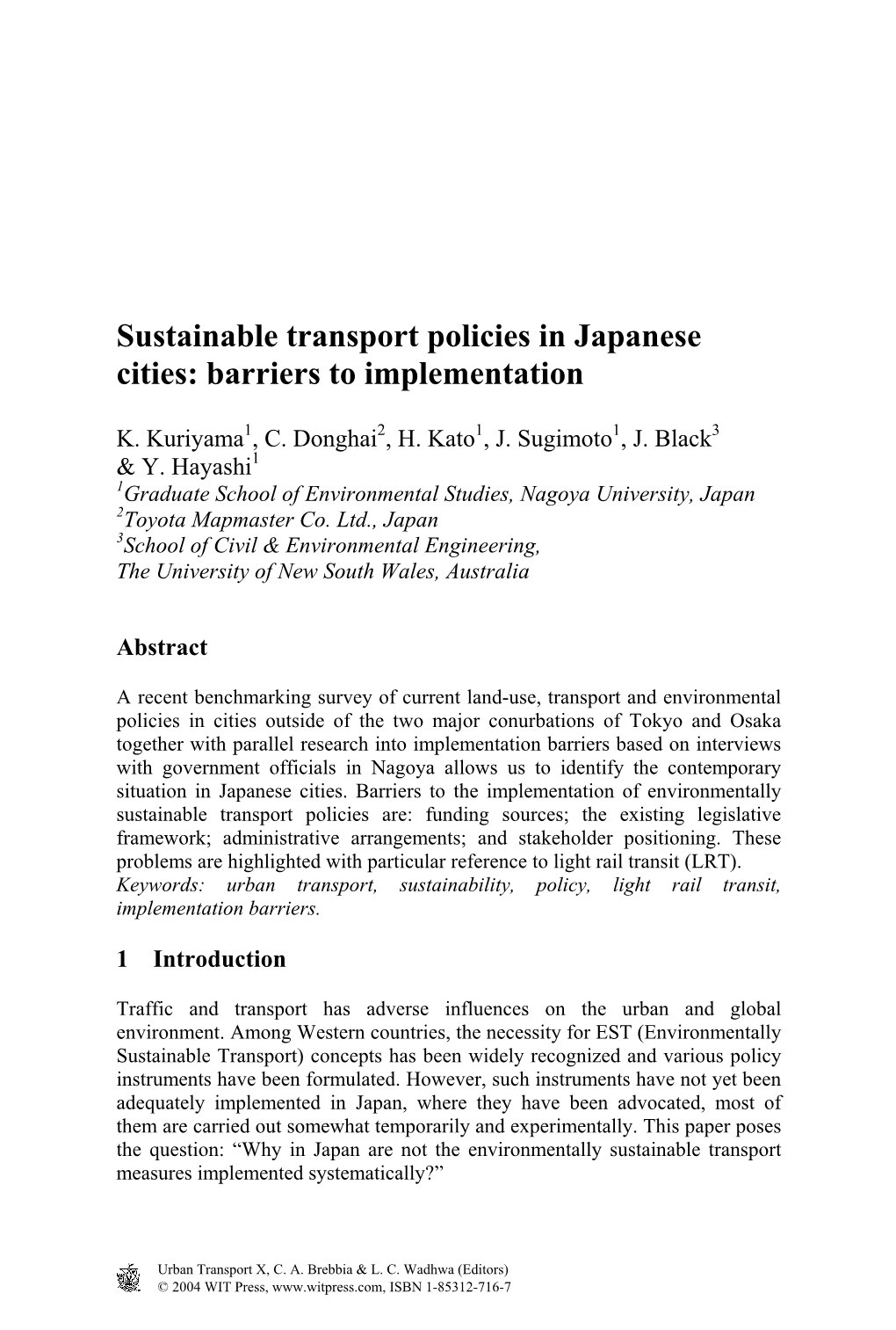 Sustainable Transport Policies in Japanese Cities: Barriers to Implementation