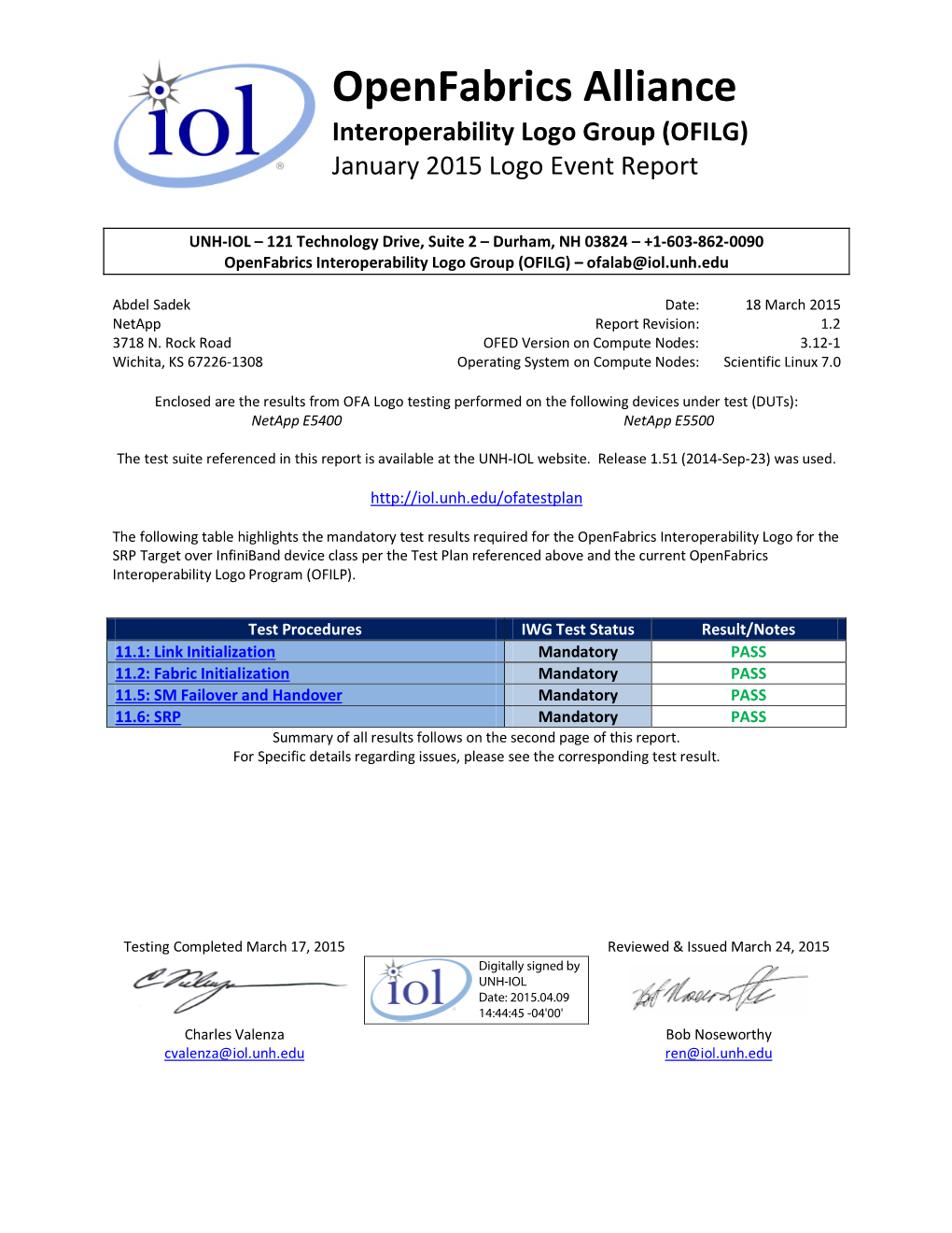 Openfabrics Alliance Interoperability Logo Group (OFILG) January 2015 Logo Event Report