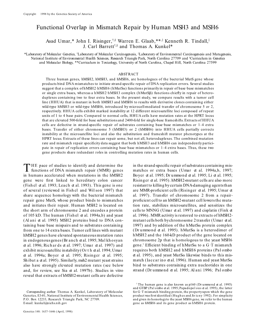 Functional Overlap in Mismatch Repair by Human MSH3 and MSH6