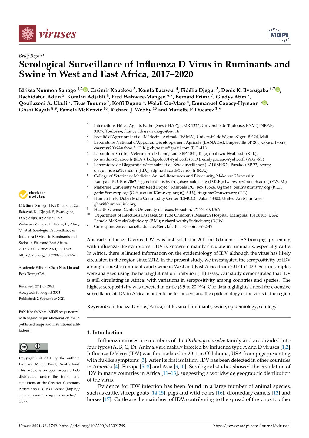 Serological Surveillance of Influenza D Virus in Ruminants and Swine in West and East Africa, 2017–2020