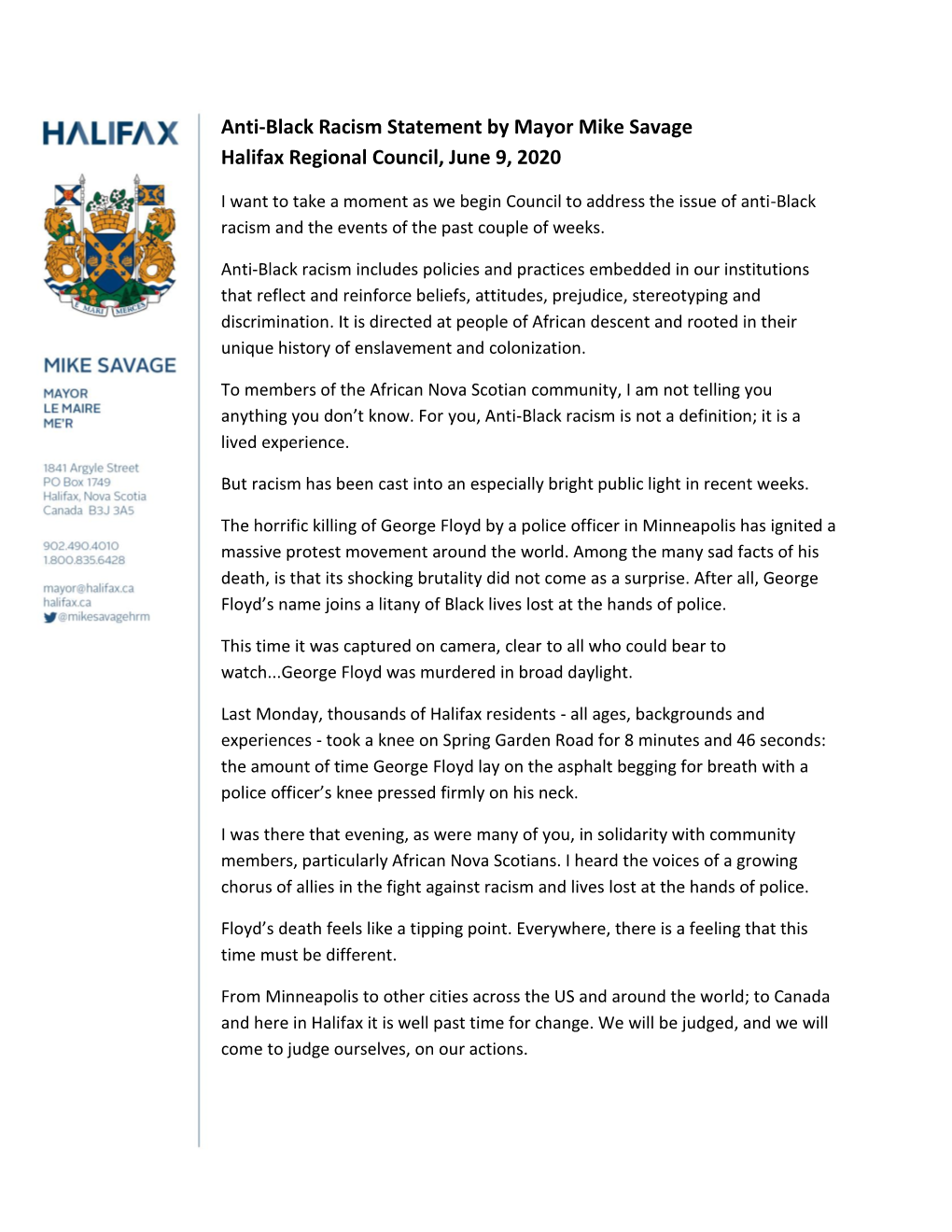 Anti-Black Racism Statement by Mayor Mike Savage Halifax Regional Council, June 9, 2020