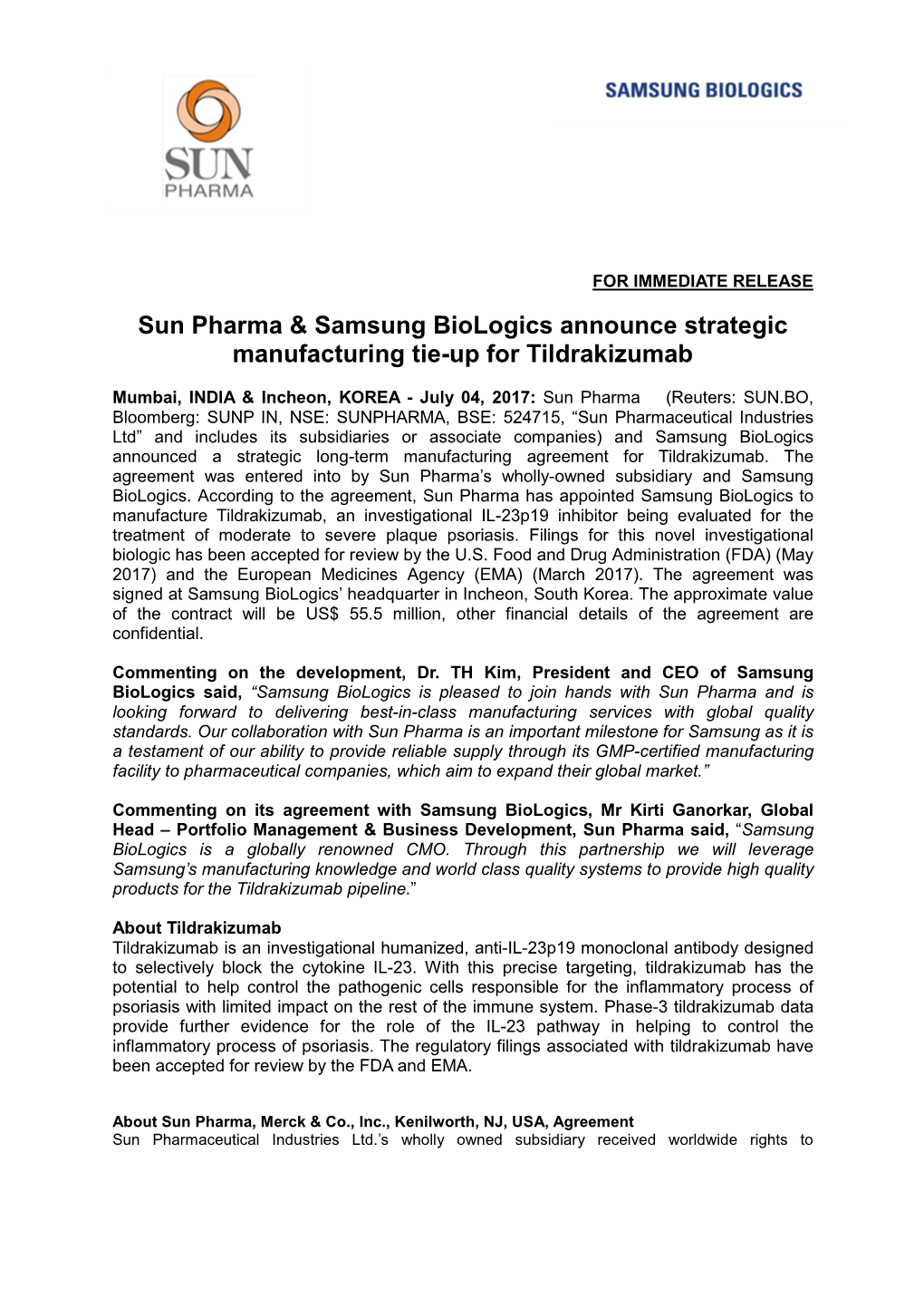 Sun Pharma & Samsung Biologics Announce Strategic Manufacturing