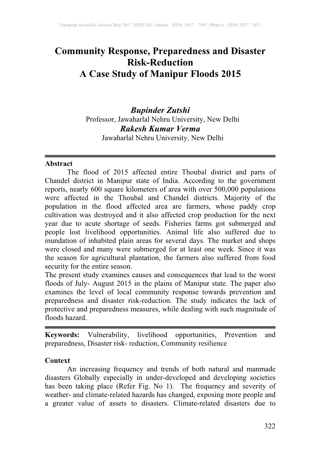 Community Response, Preparedness and Disaster Risk-Reduction a Case Study of Manipur Floods 2015