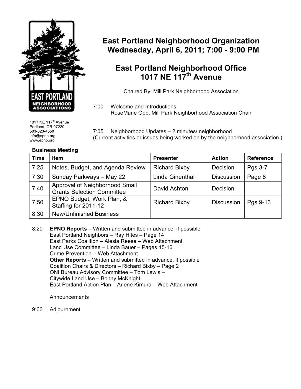 East Portland Neighborhood Organization Wednesday, April 6, 2011; 7:00 - 9:00 PM