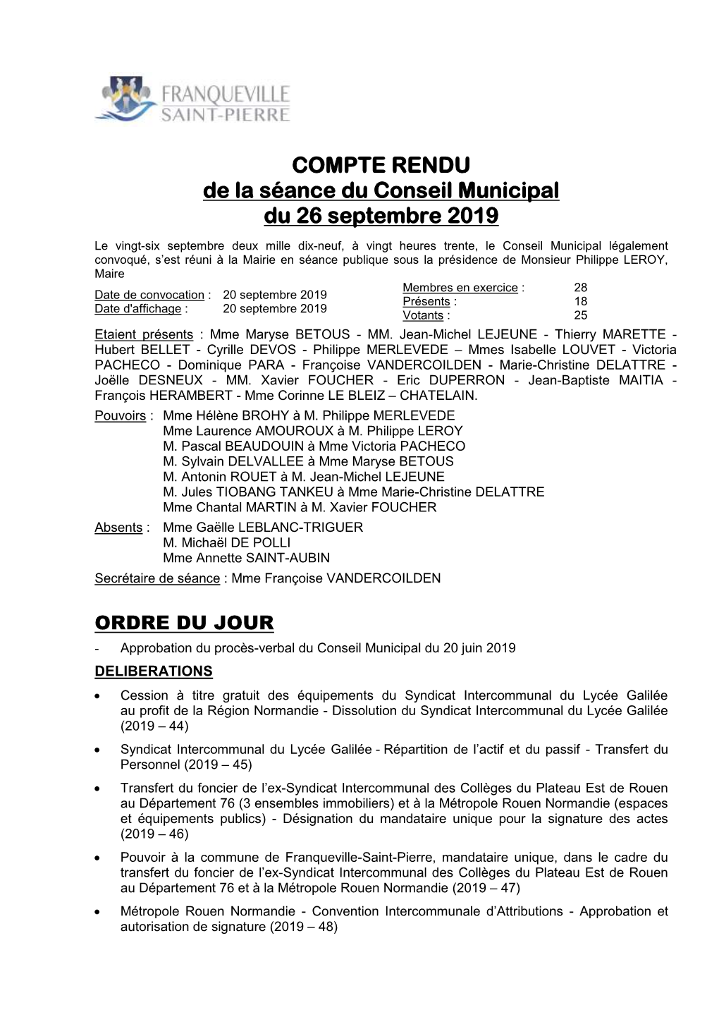 COMPTE RENDU De La Séance Du Conseil Municipal Du 26 Septembre 2019