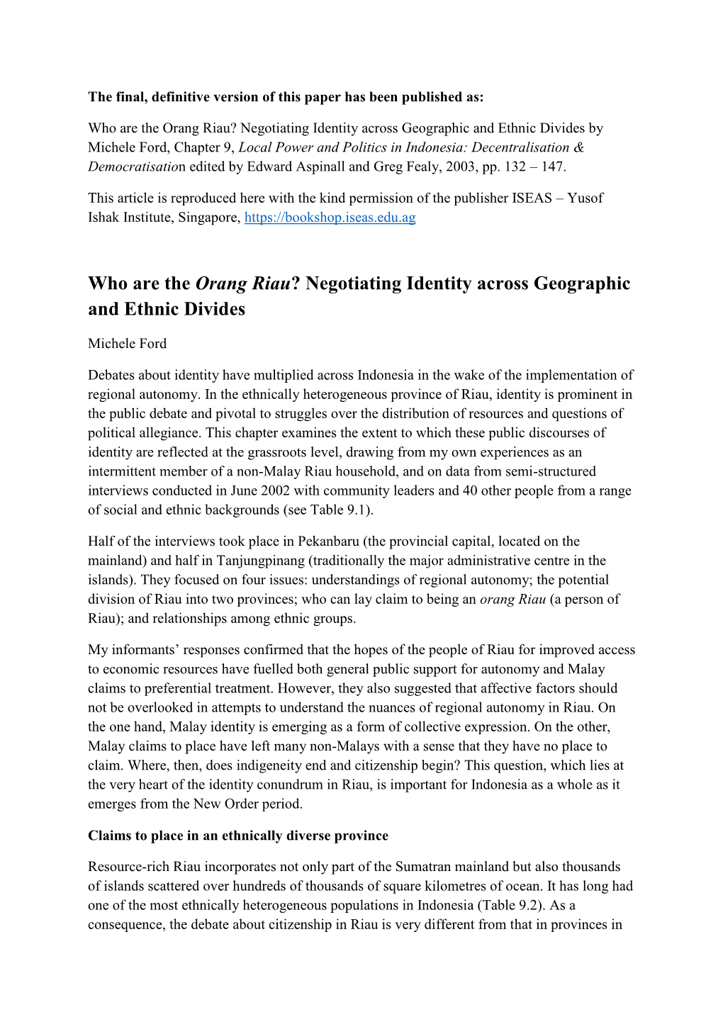 Who Are the Orang Riau? Negotiating Identity Across Geographic And