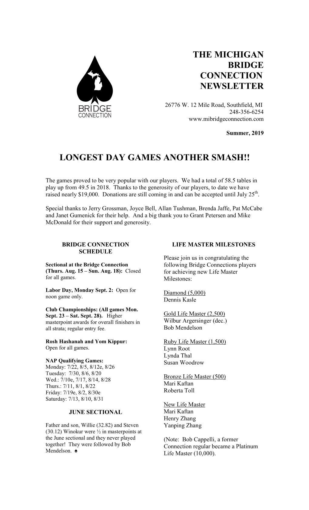 The Michigan Bridge Connection Newsletter Longest Day Games Another Smash!!