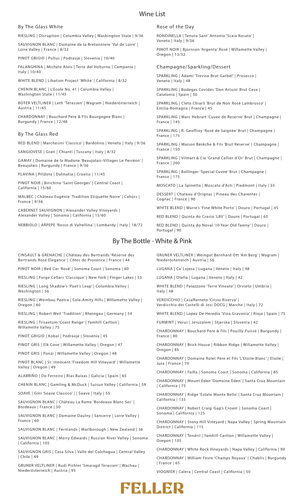 White & Pink Wine List