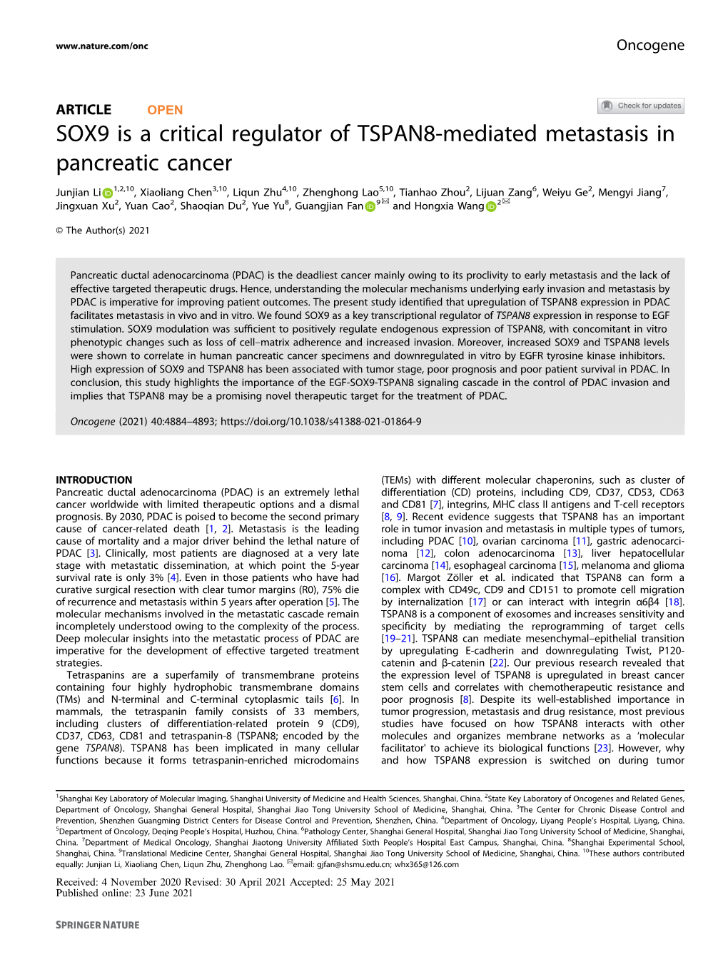 SOX9 Is a Critical Regulator of TSPAN8-Mediated Metastasis in Pancreatic Cancer