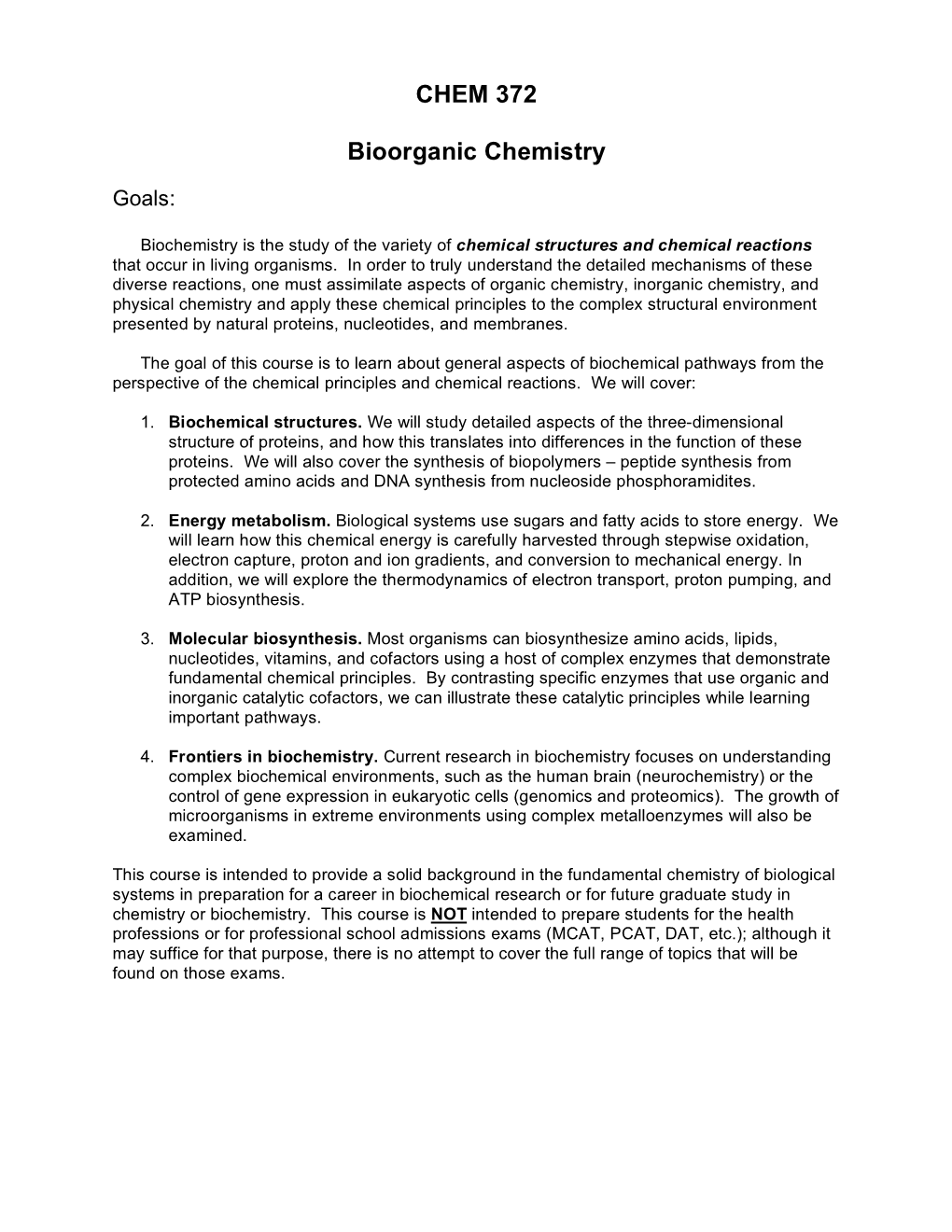 CHEM 372 Bioorganic Chemistry