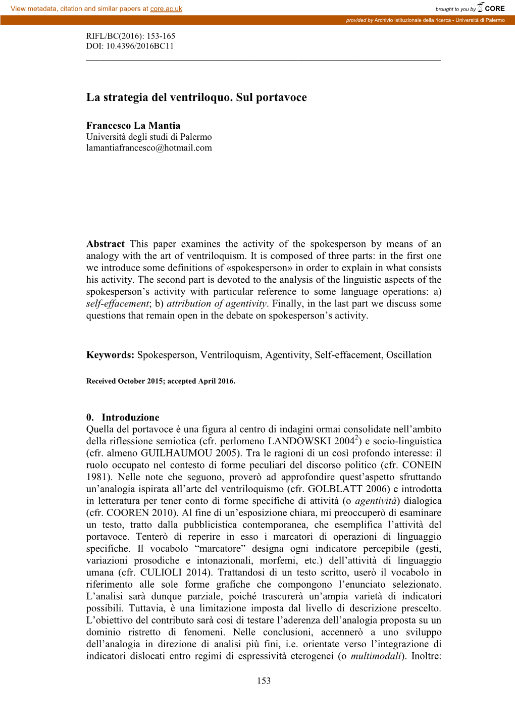 La Strategia Del Ventriloquo. Sul Portavoce