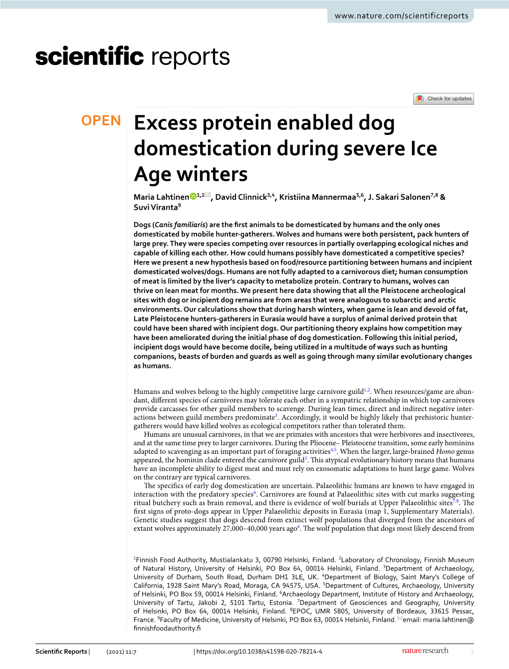 Excess Protein Enabled Dog Domestication During Severe Ice Age Winters Maria Lahtinen 1,2*, David Clinnick3,4, Kristiina Mannermaa5,6, J