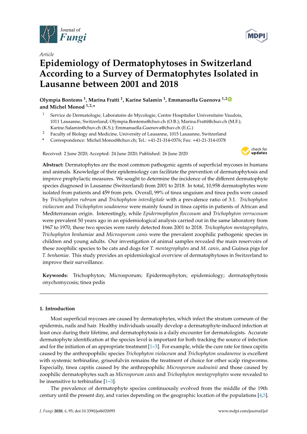 Epidemiology of Dermatophytoses in Switzerland According to a Survey of Dermatophytes Isolated in Lausanne Between 2001 and 2018