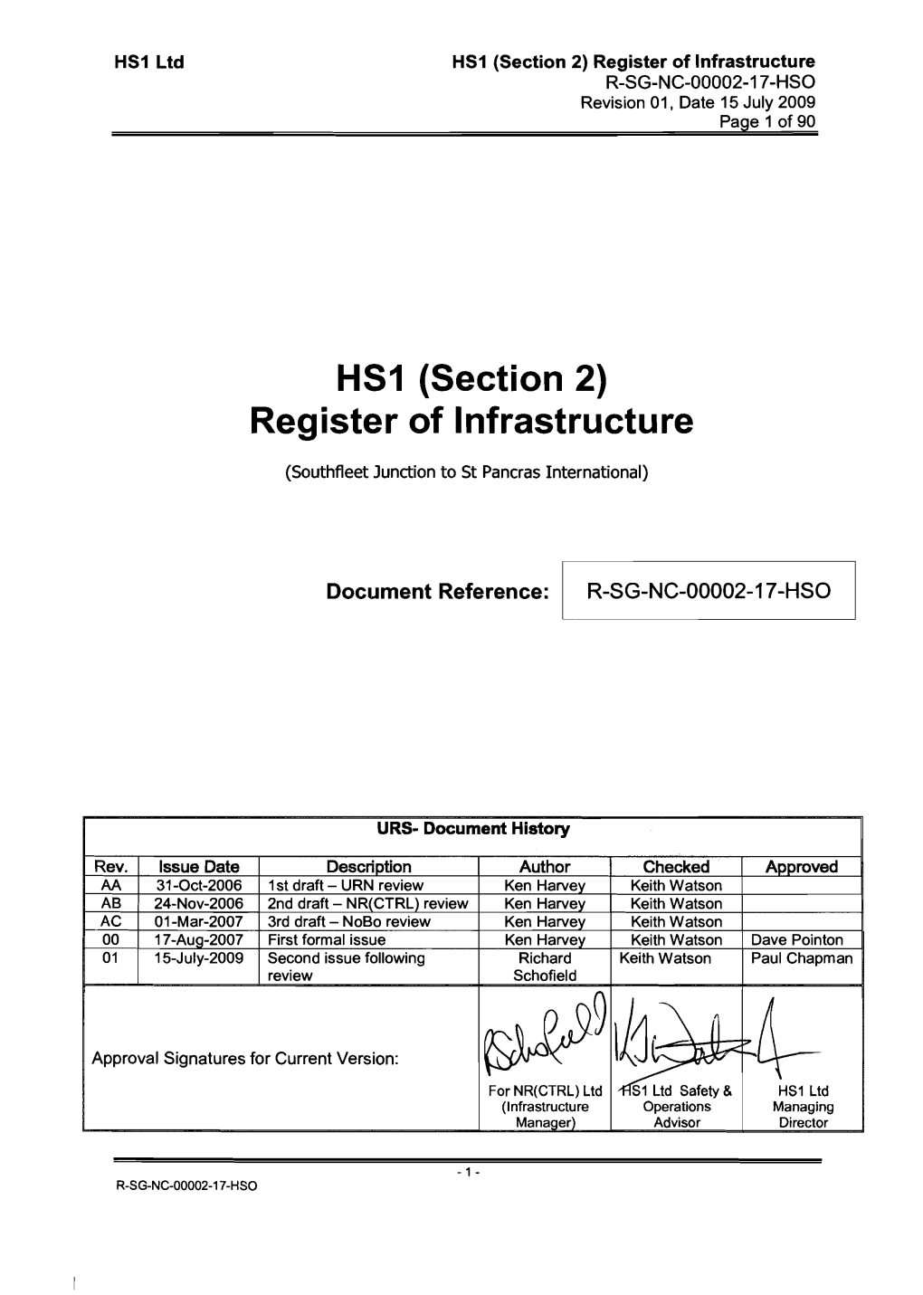 HS1 Ltd HS1 (Section 2) Register of Infrastructure R-SG-NC-00002-17-HSO Revision 01, Date 15 July 2009 Page 1 of 90