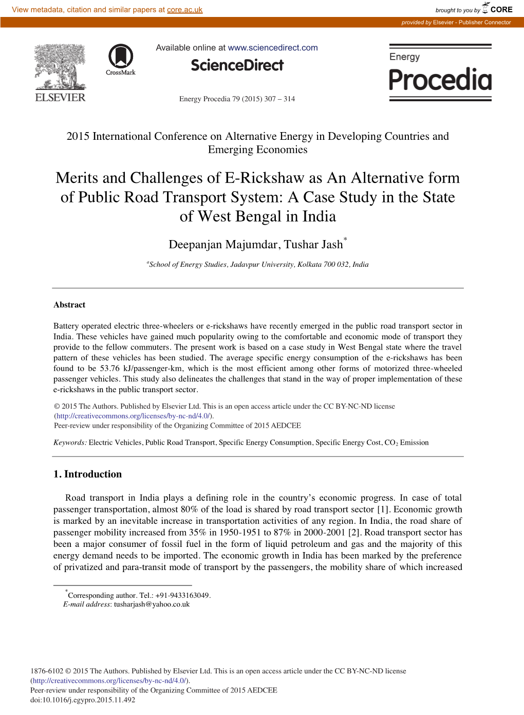 Merits and Challenges of E-Rickshaw As an Alternative Form of Public Road Transport System: a Case Study in the State of West Bengal in India