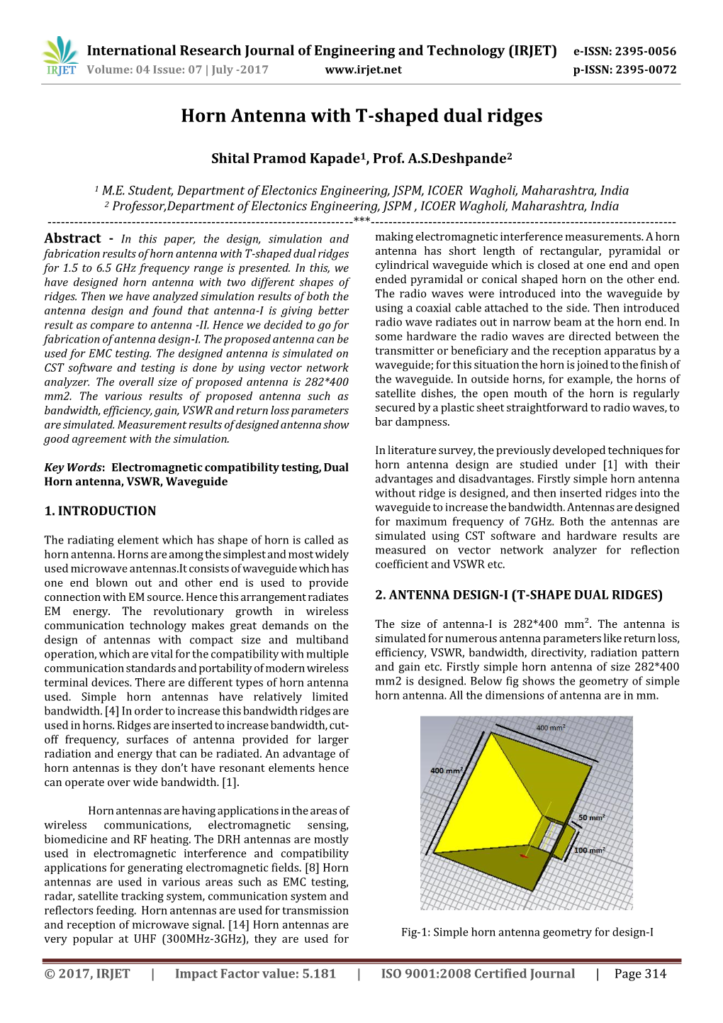 Horn Antenna with T-Shaped Dual Ridges