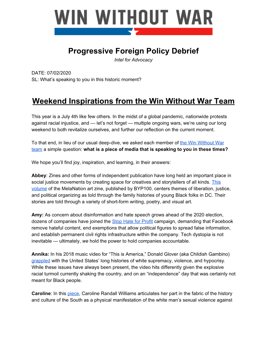 Progressive Foreign Policy Debrief Weekend Inspirations from the Win Without War Team