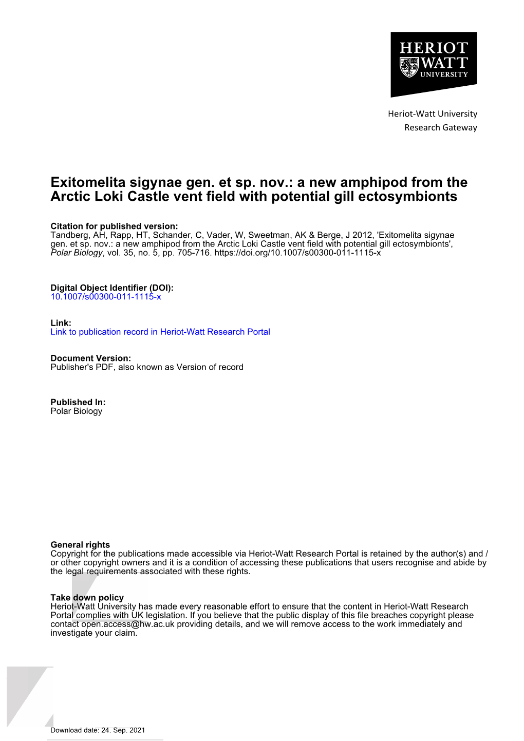 Exitomelita Sigynae Gen. Et Sp. Nov.: a New Amphipod from the Arctic Loki Castle Vent Field with Potential Gill Ectosymbionts