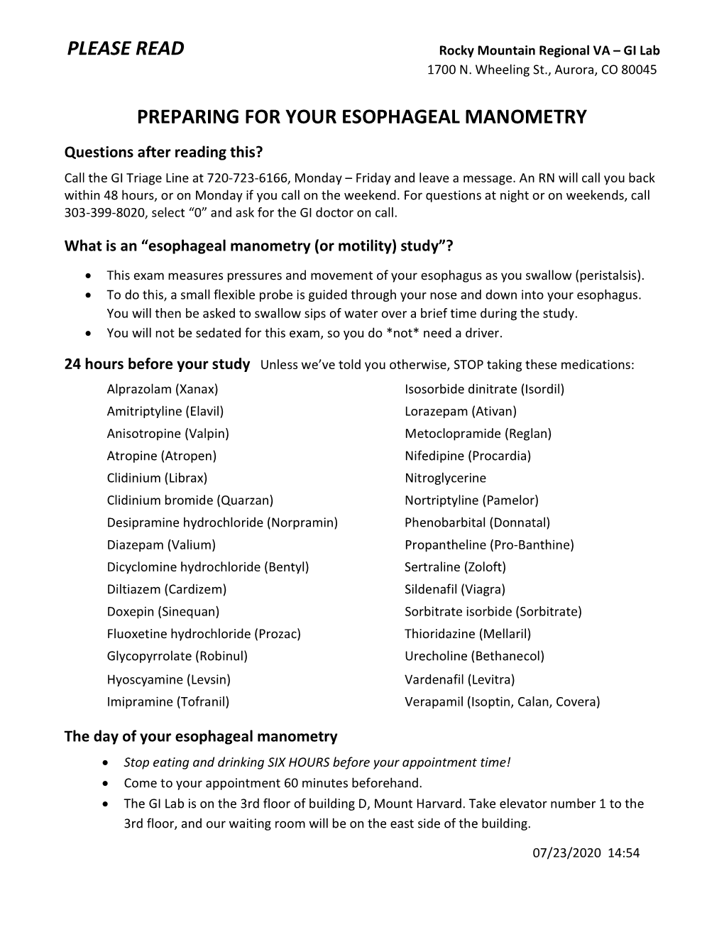 Please Read Preparing for Your Esophageal Manometry