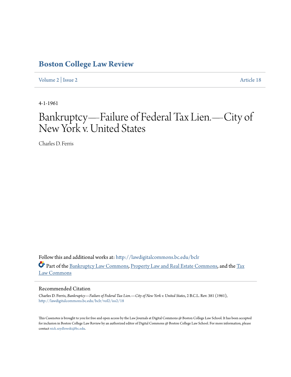 Bankruptcy—Failure of Federal Tax Lien.—City of New York V