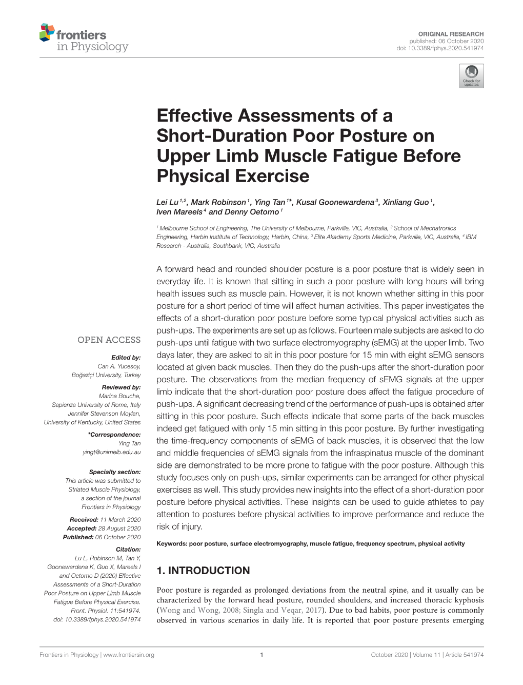 Effective Assessments of a Short-Duration Poor Posture on Upper Limb Muscle Fatigue Before Physical Exercise