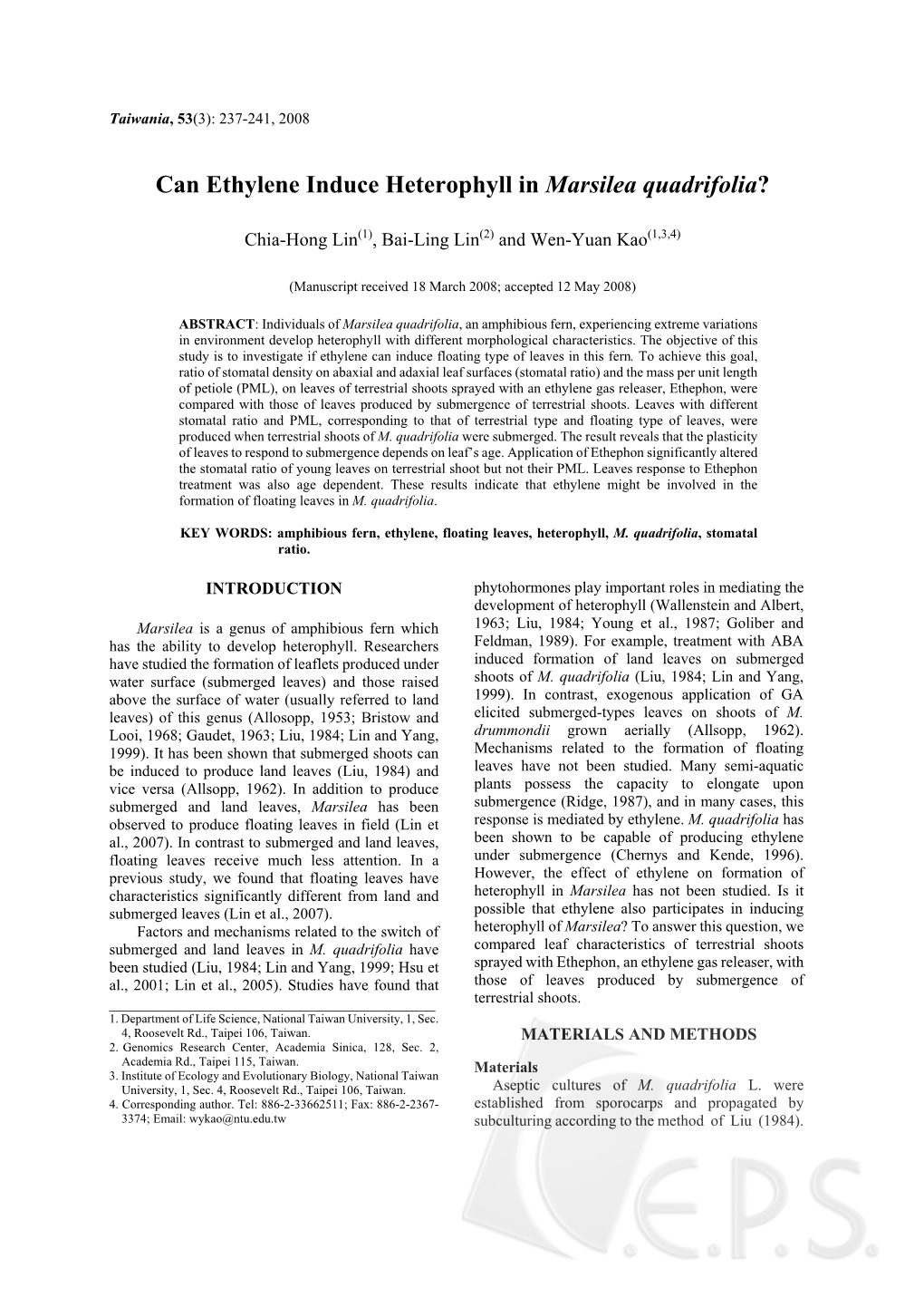 Can Ethylene Induce Heterophyll in Marsilea Quadrifolia?