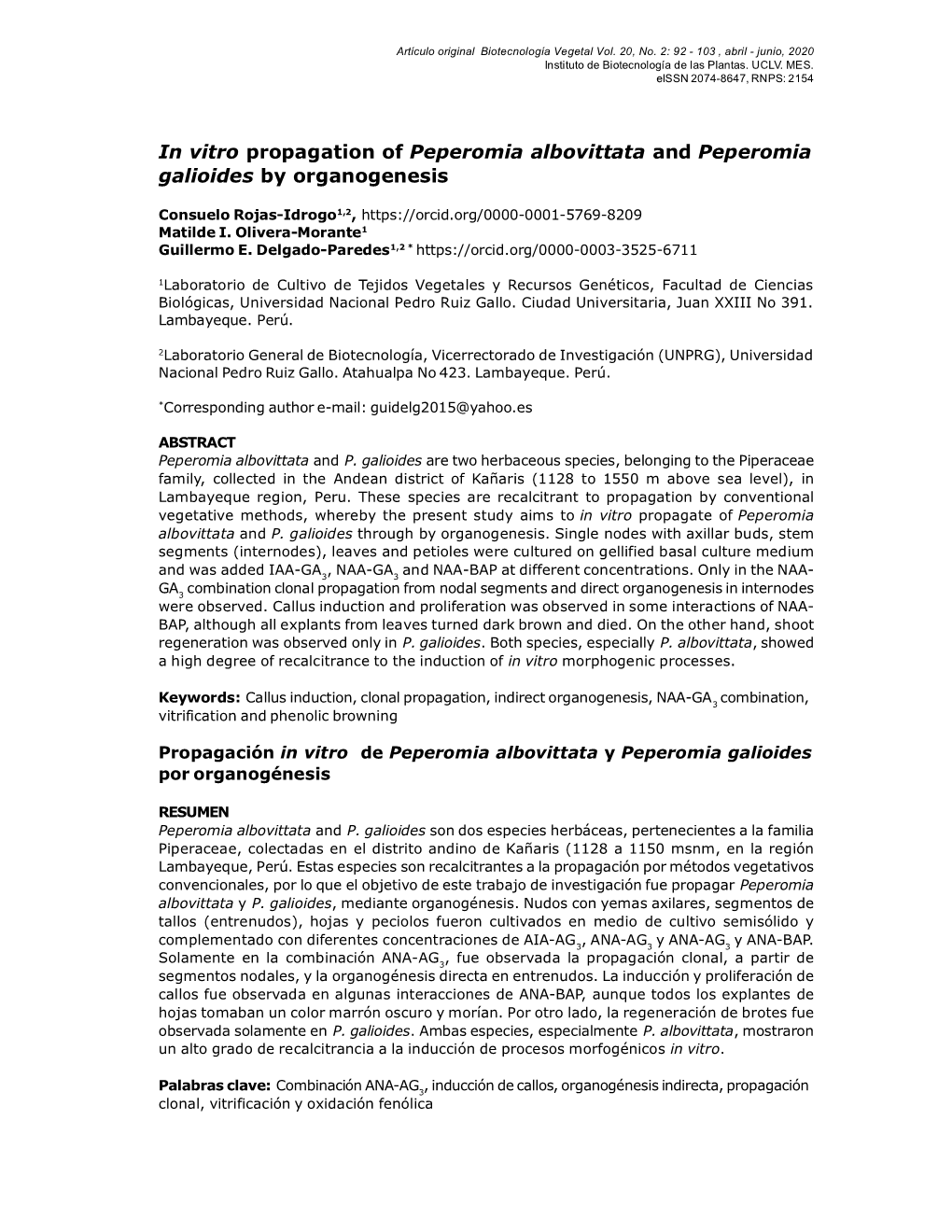 In Vitro Propagation of Peperomia Albovittata and Peperomia Galioides by Organogenesis