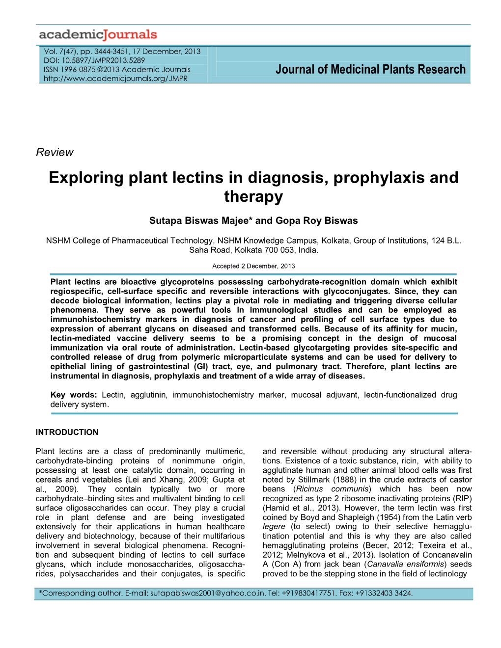 Exploring Plant Lectins in Diagnosis, Prophylaxis and Therapy