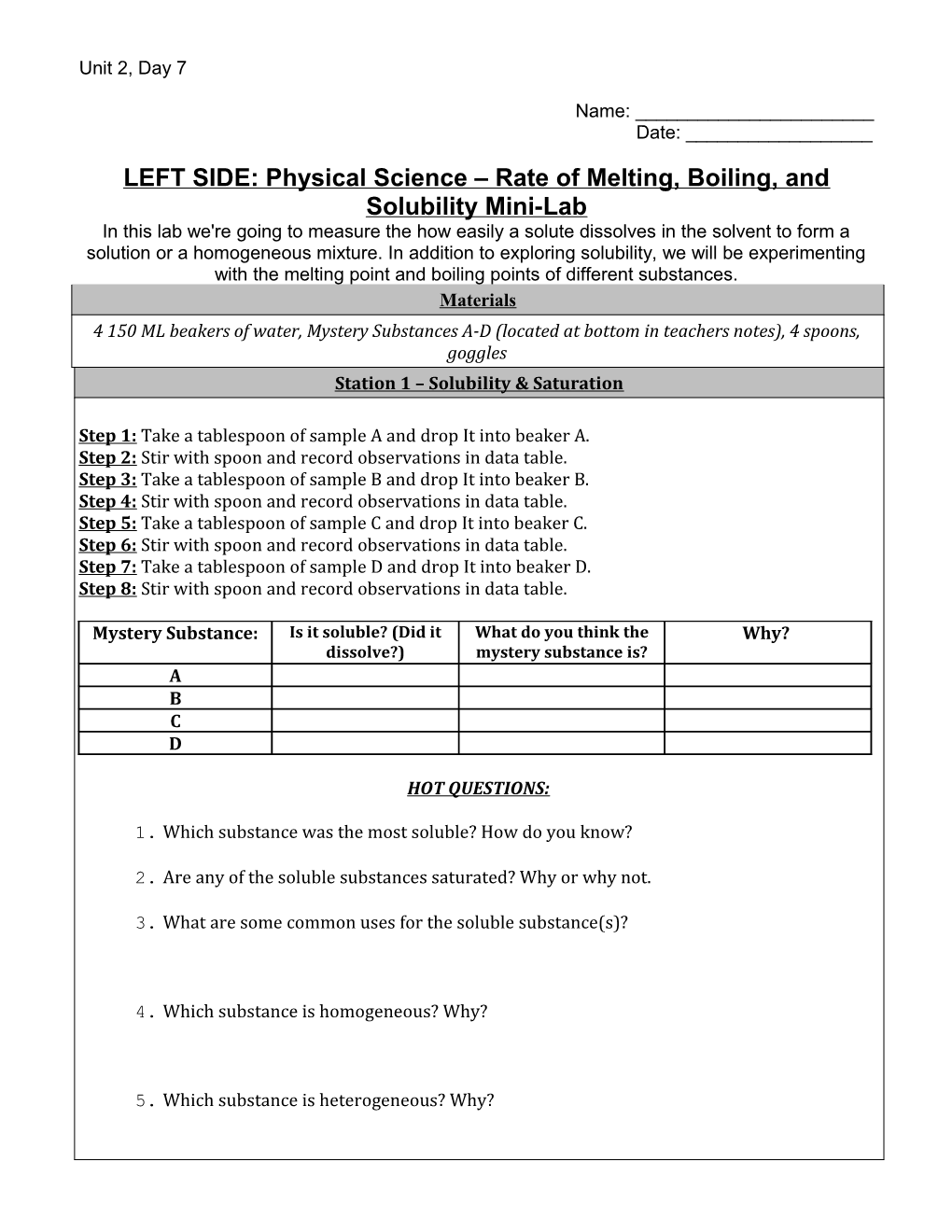 LEFT SIDE: Physical Science Rate of Melting, Boiling, and Solubility Mini-Lab