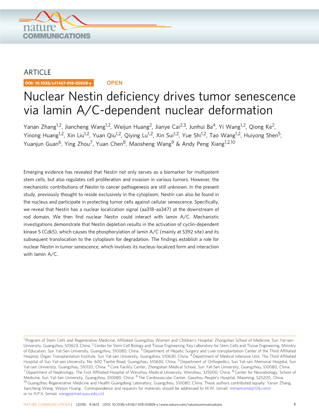 Nuclear Nestin Deficiency Drives Tumor Senescence Via Lamin A/C