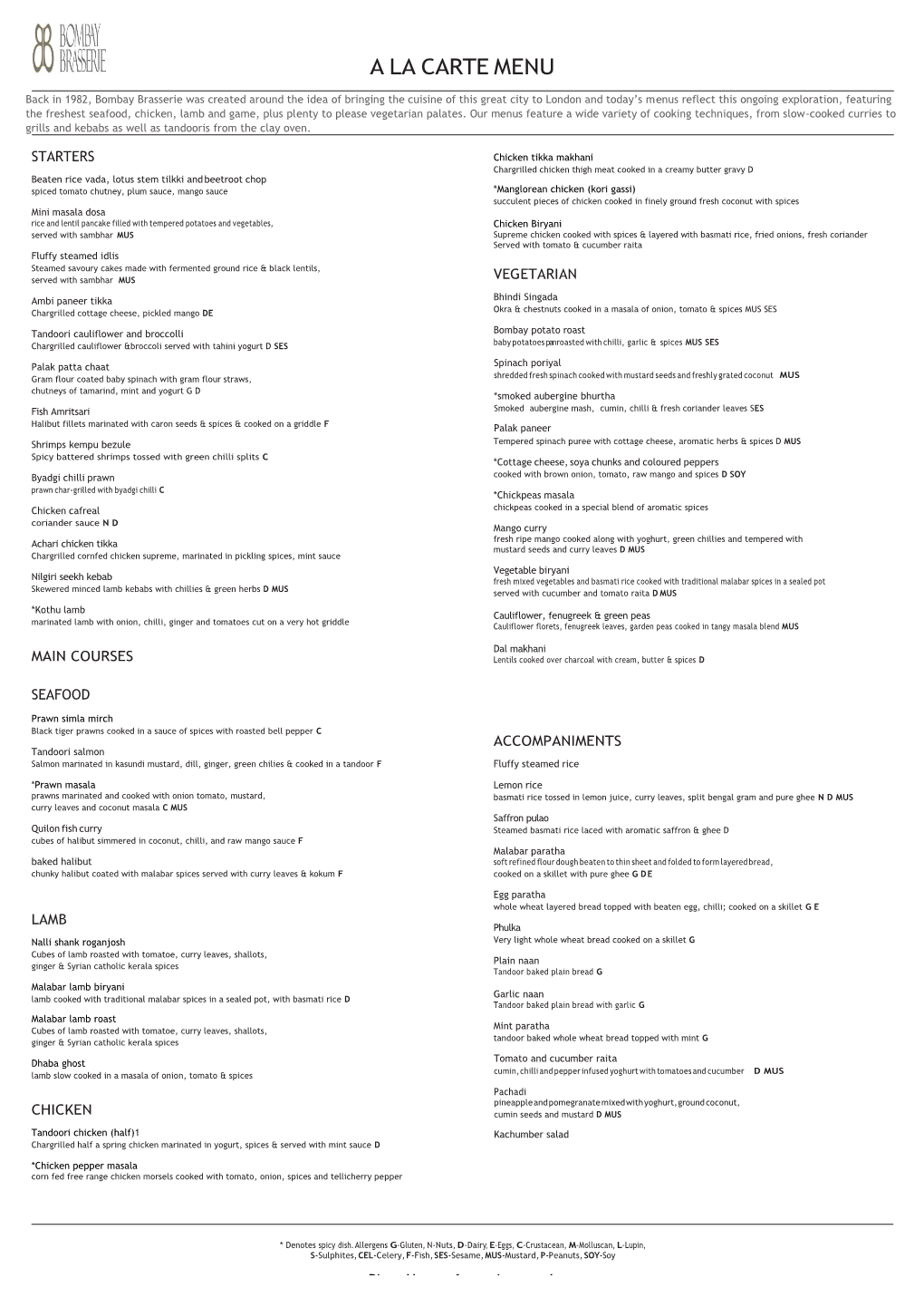 A La Carte Menu