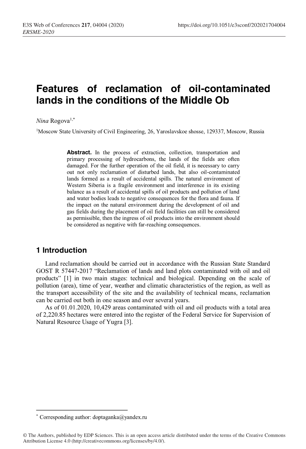 Features of Reclamation of Oil-Contaminated Lands in the Conditions of the Middle Ob