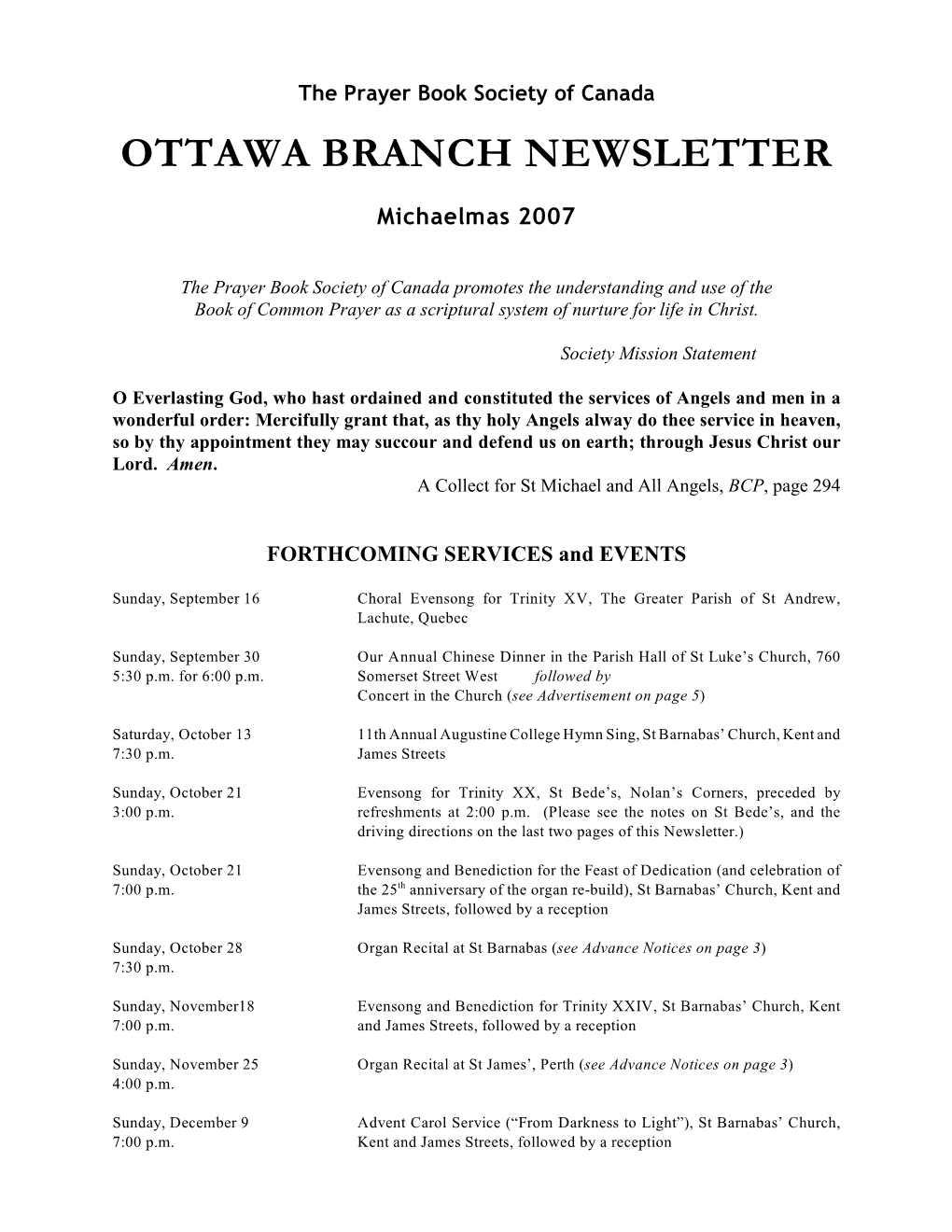 OTTAWA BRANCH NEWSLETTER Michaelmas 2007