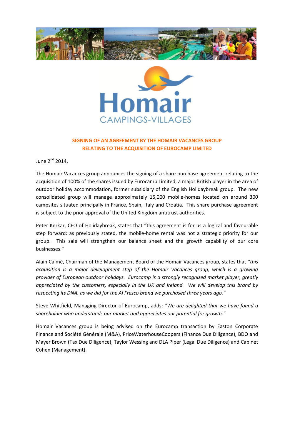 Signing of an Agreement by the Homair Vacances Group Relating to the Acquisition of Eurocamp Limited