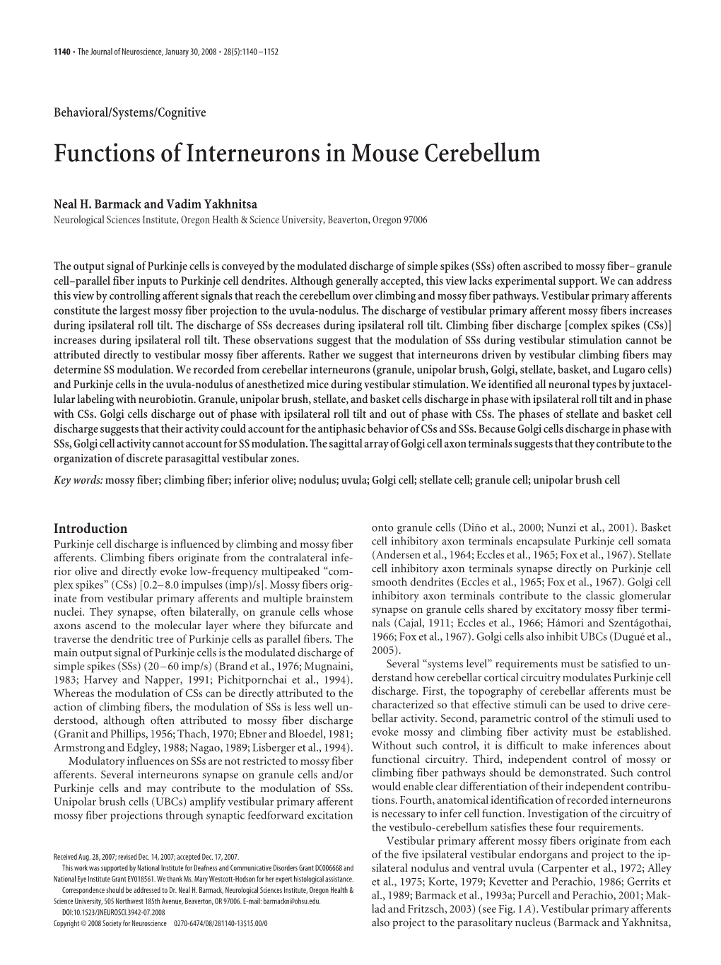 Functions of Interneurons in Mouse Cerebellum