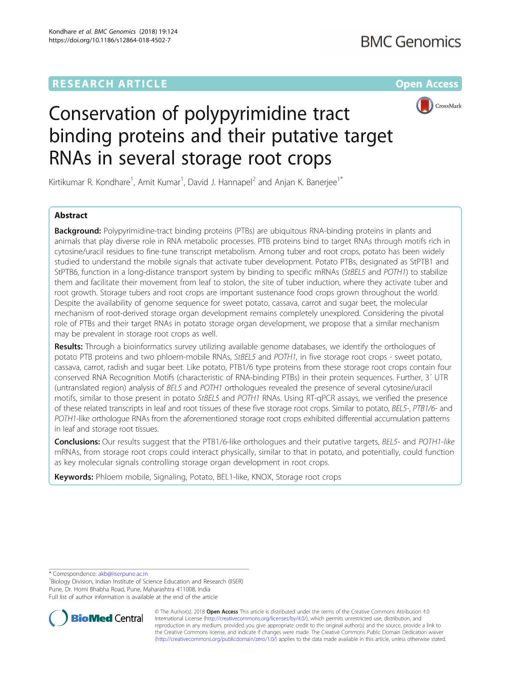 Conservation of Polypyrimidine Tract Binding Proteins and Their Putative Target Rnas in Several Storage Root Crops Kirtikumar R