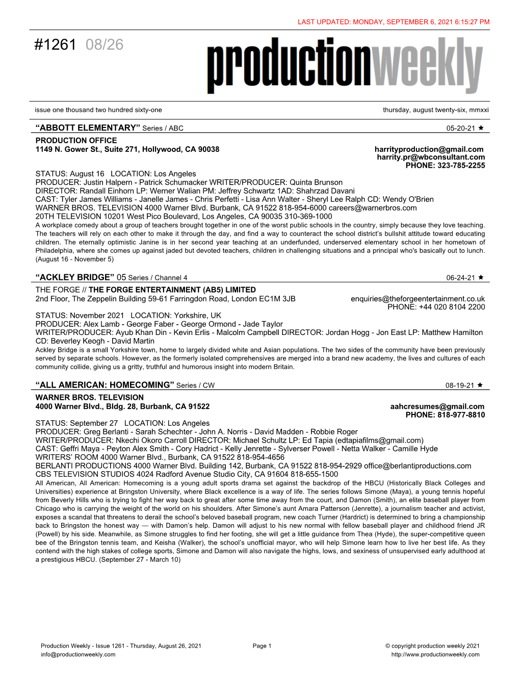 1261 08/26 Issue One Thousand Two Hundred Sixty-One Thursday, August Twenty-Six, Mmxxi