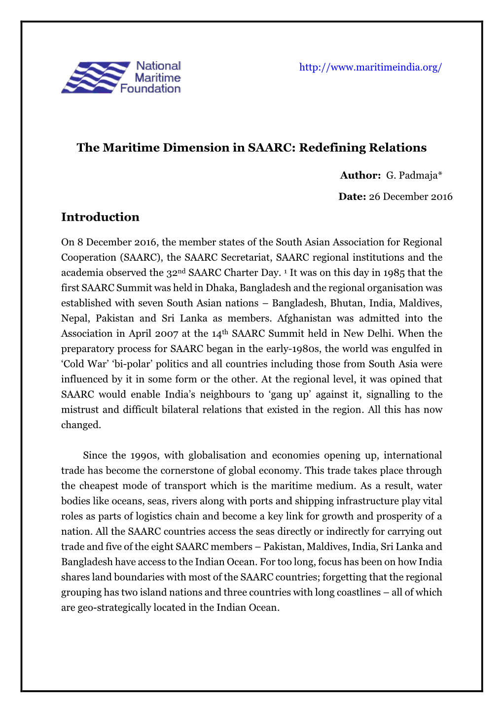 The Maritime Dimension in SAARC: Redefining Relations