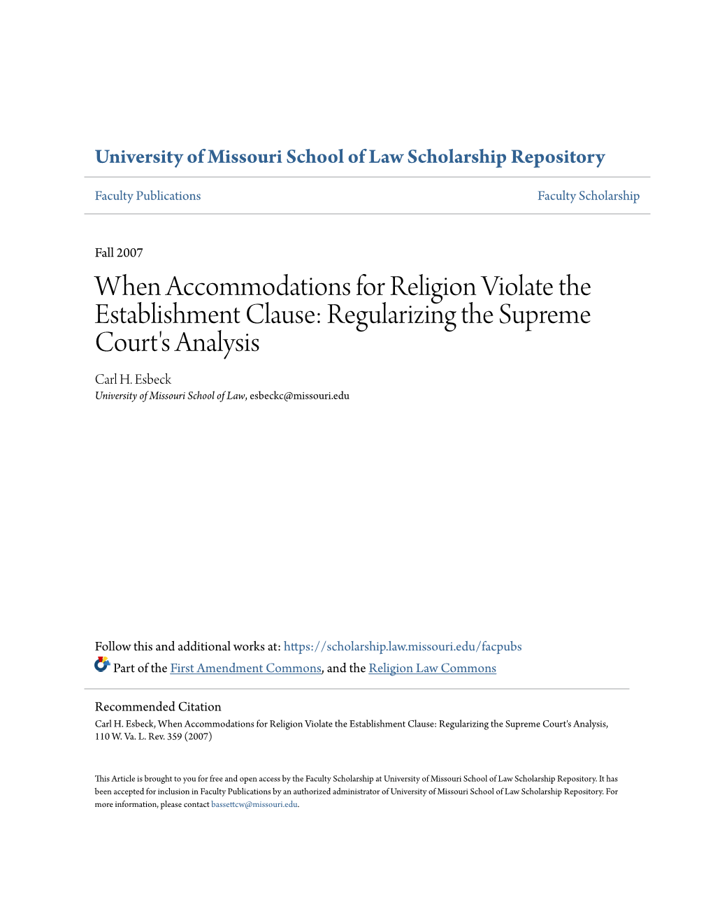 When Accommodations for Religion Violate the Establishment Clause: Regularizing the Supreme Court's Analysis Carl H