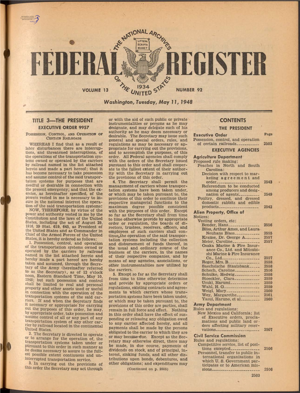 FEDERAL REGISTER 1934 VOLUME 13 ¿¡P NUMBER 92 * United ^ Washington, Tuesday, May 11, 1948