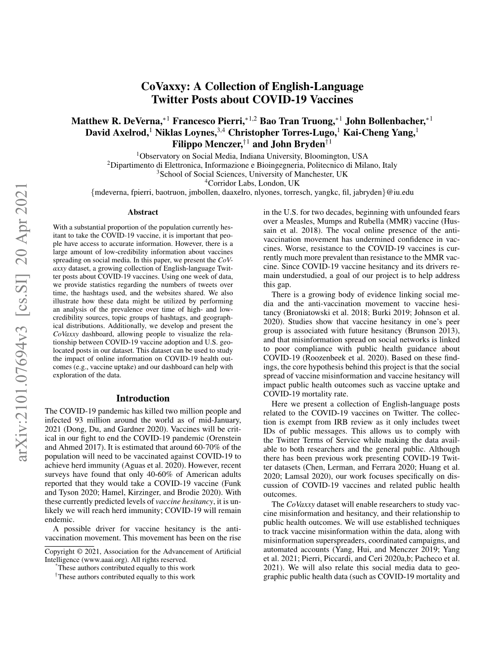 Arxiv:2101.07694V3 [Cs.SI] 20 Apr 2021 There Has Been Previous Work Presenting COVID-19 Twit- Achieve Herd Immunity (Aguas Et Al