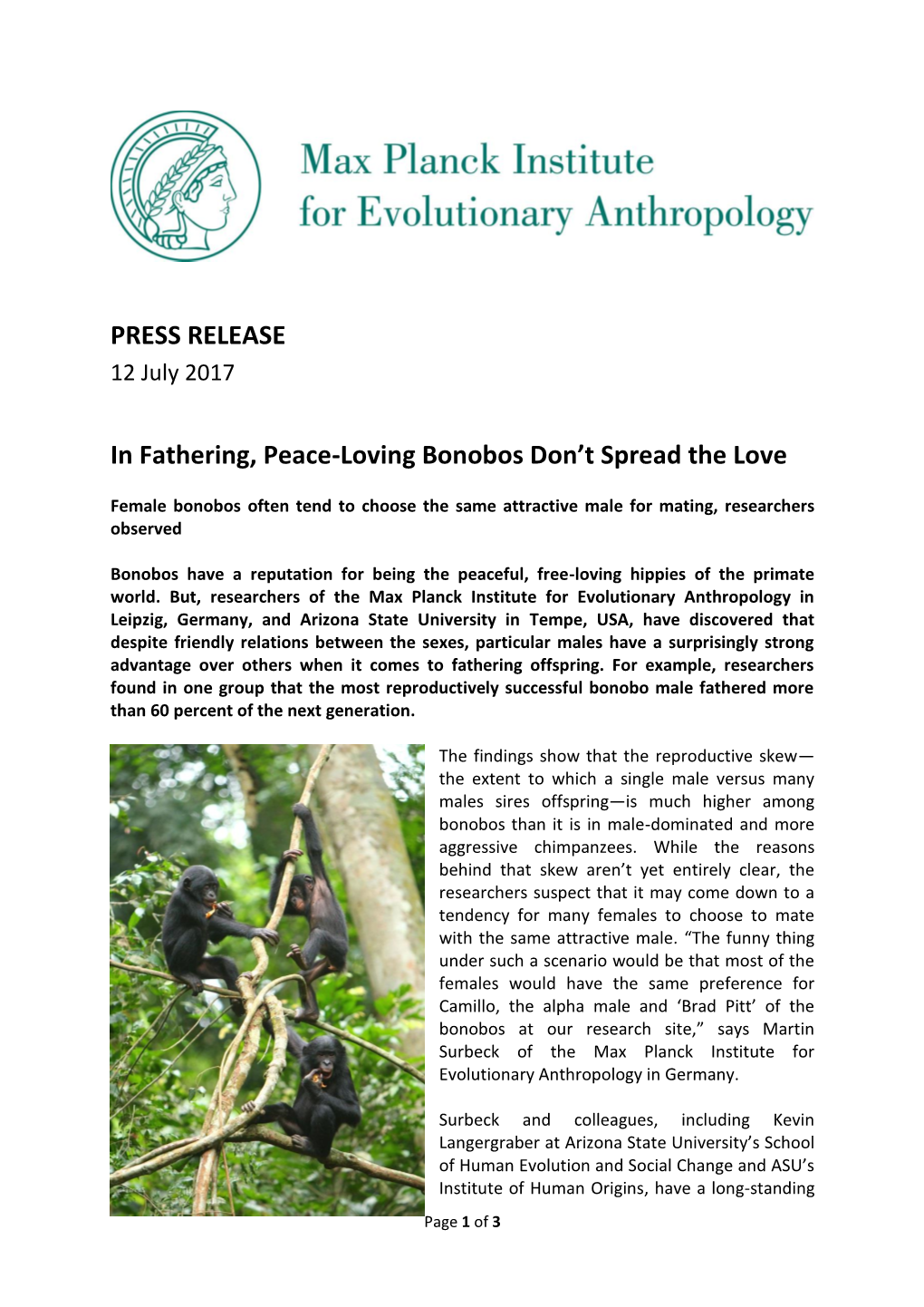 PRESS RELEASE in Fathering, Peace-Loving Bonobos Don't Spread The