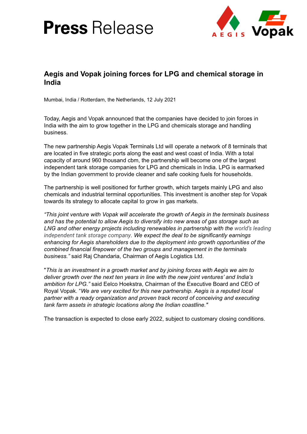 Aegis and Vopak Joining Forces for LPG and Chemical Storage in India