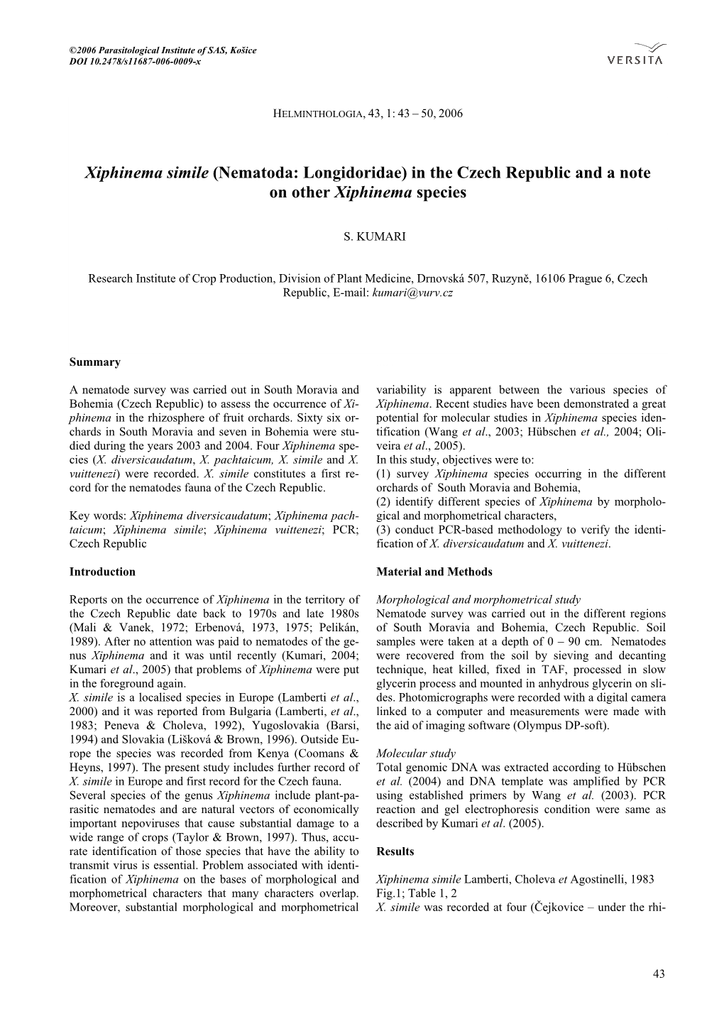 Nematoda: Longidoridae) in the Czech Republic and a Note on Other Xiphinema Species