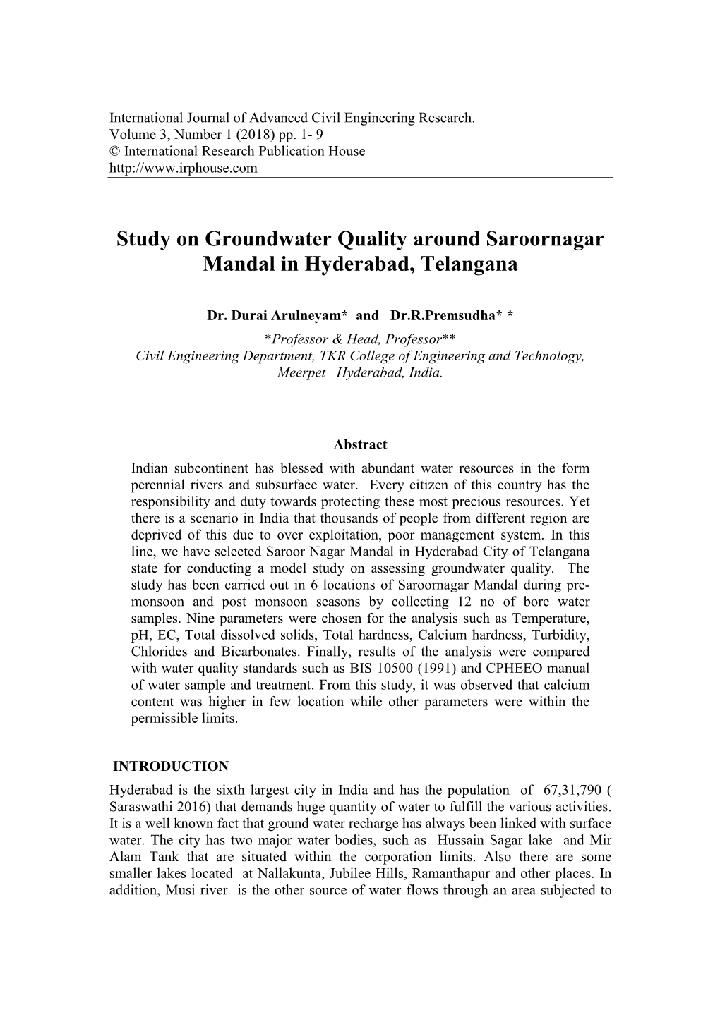 Study on Groundwater Quality Around Saroornagar Mandal in Hyderabad, Telangana