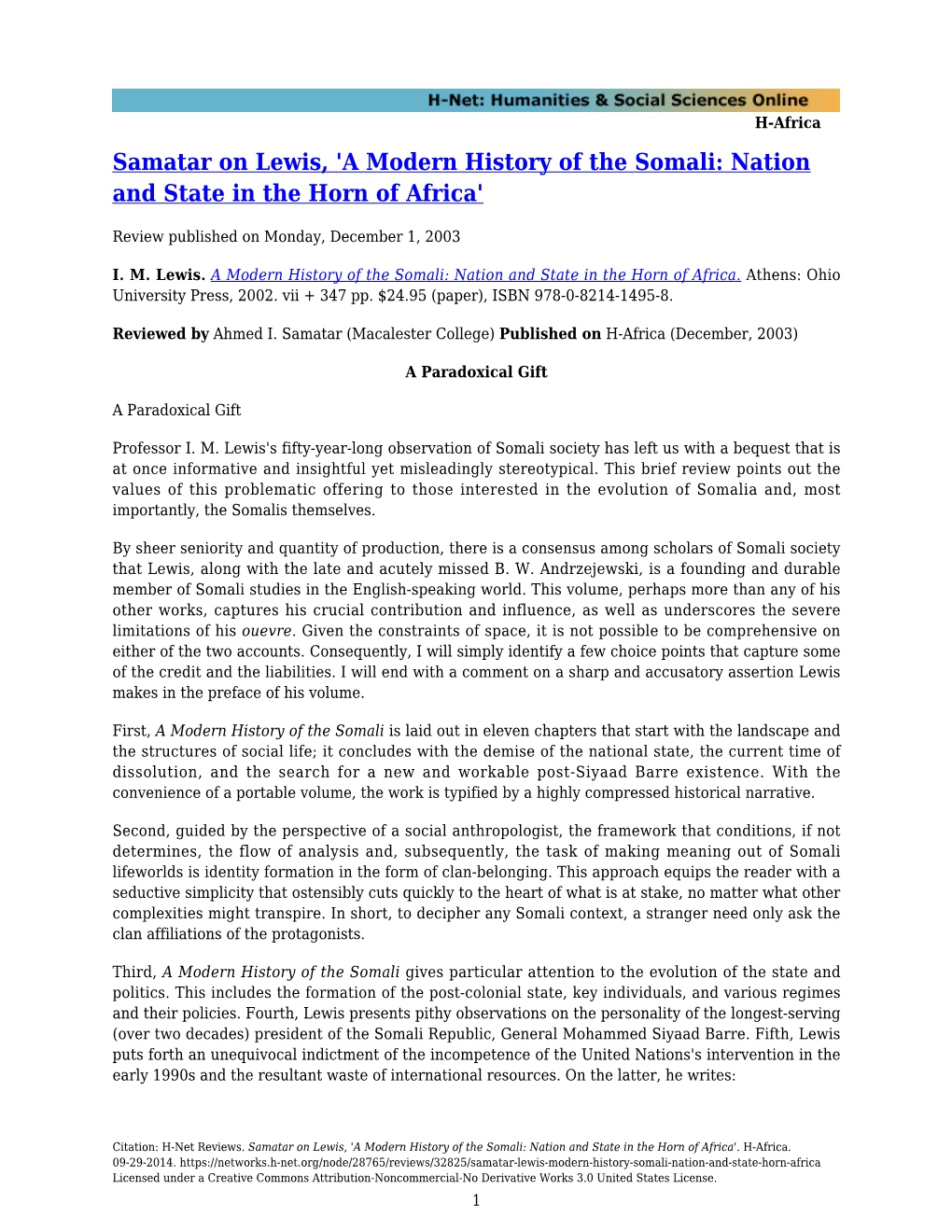 Samatar on Lewis, 'A Modern History of the Somali: Nation and State in the Horn of Africa'
