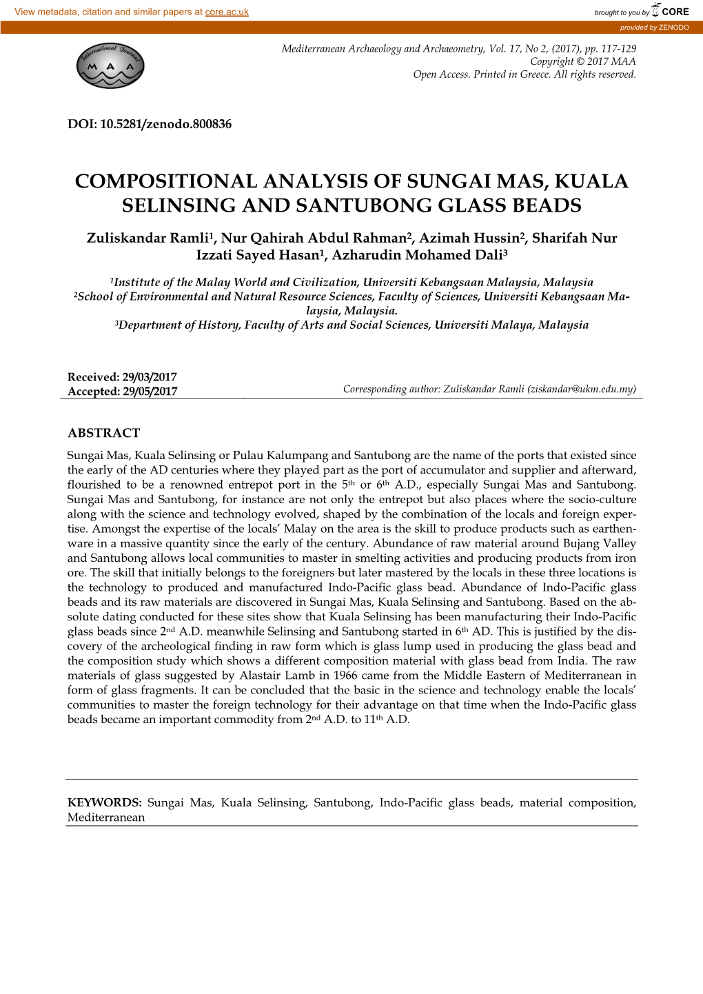 Compositional Analysis of Sungai Mas, Kuala Selinsing and Santubong Glass Beads